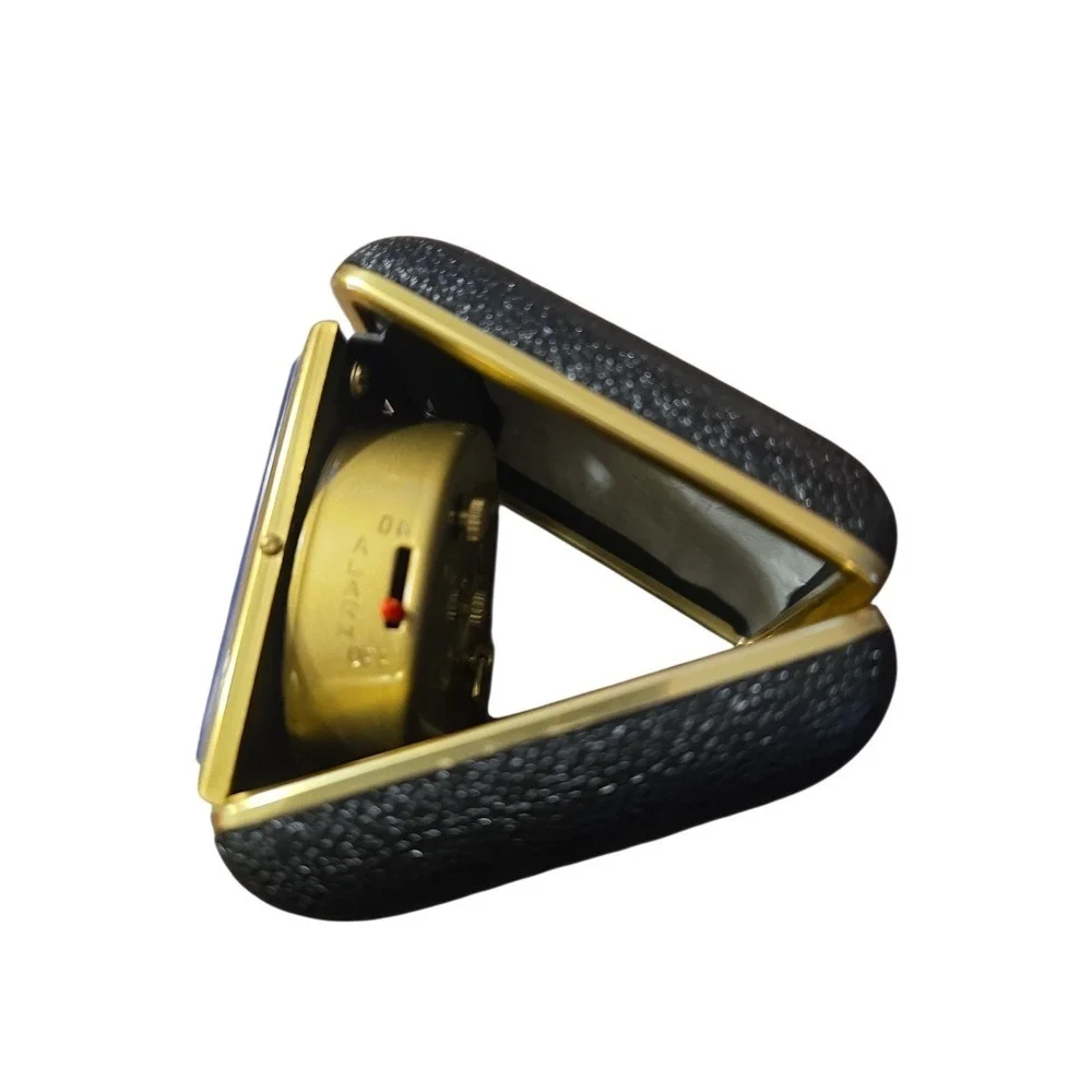 Vtg Seth Thomas Travel Alarm Clock Gold Tone Black‎ Leather Case Wind Up NIB